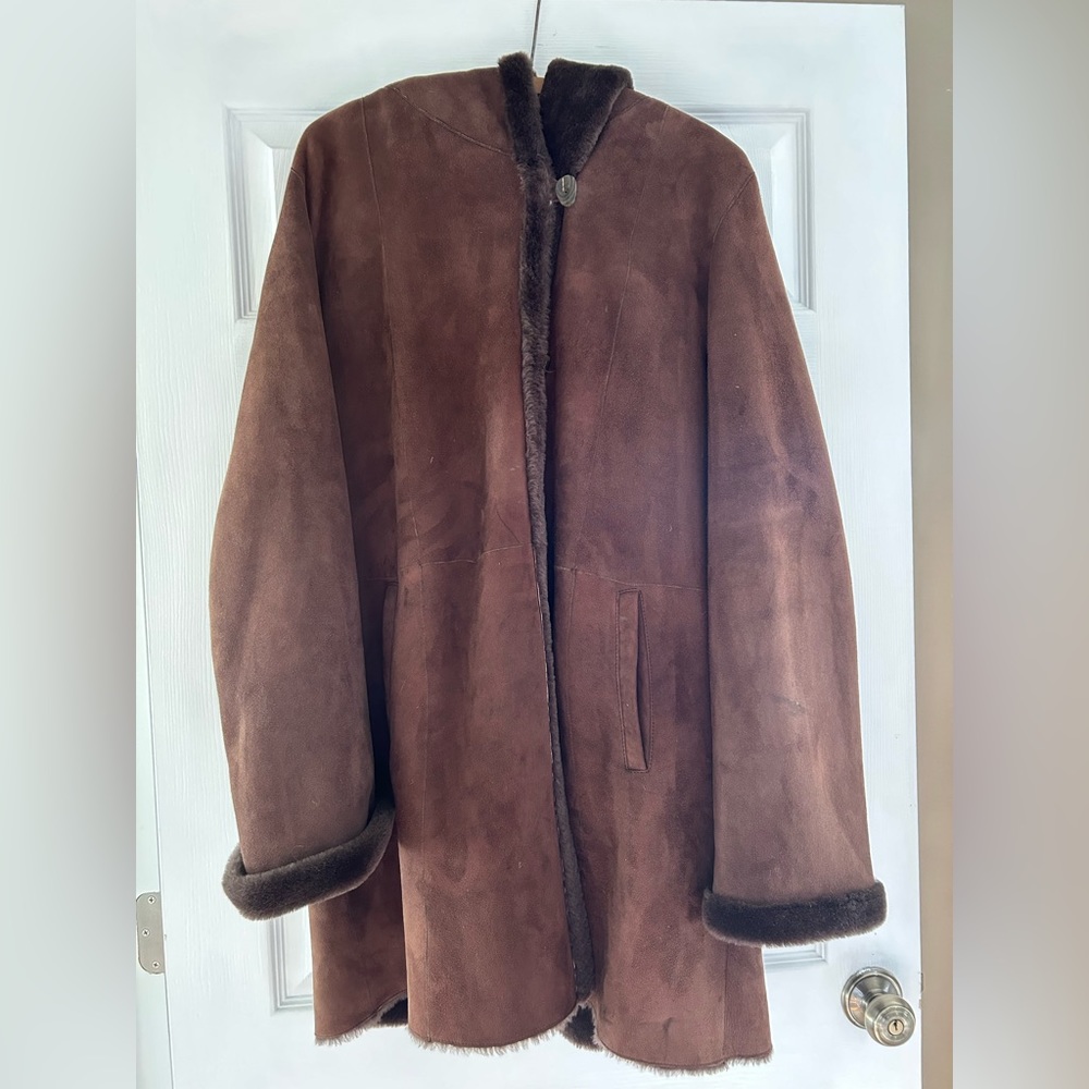 Chocolate brown sheepskin shearling hooded coat - by Jose Roca (size 14)